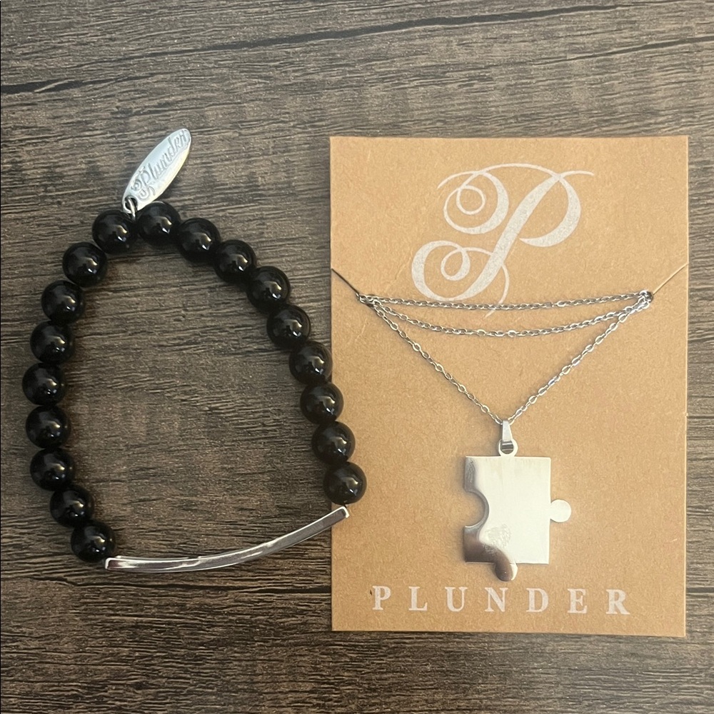 Plunder Black Beaded Bracelet and Silver Puzzle Necklace